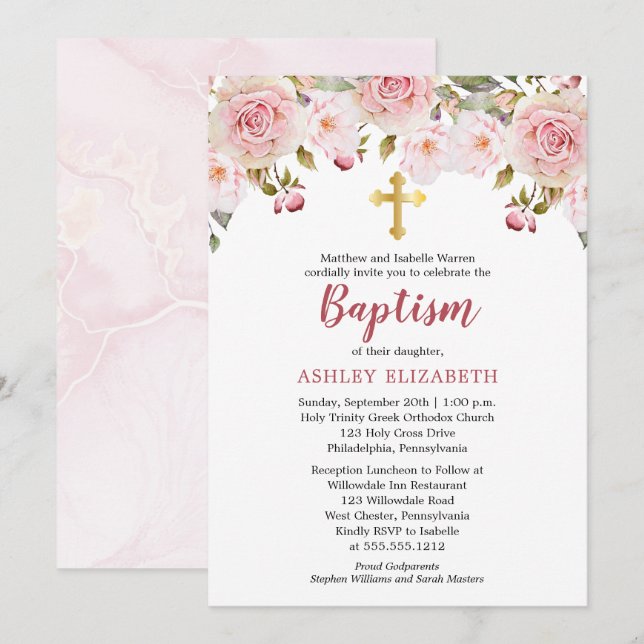 Blush Pink Watercolor Floral Baptism Invitation (Front/Back)