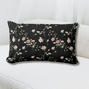 Blush Pink Watercolor Floral Black Lumbar Pillow