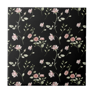 Blush Pink Watercolor Floral Black Tile