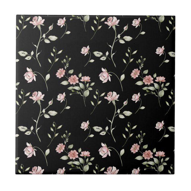 Blush Pink Watercolor Floral Black Tile (Front)