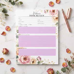 Blush Pink Watercolor Floral Book Review Reading Notepad