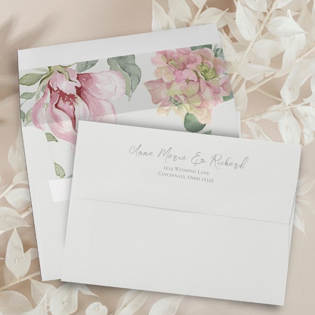 Blush Pink Watercolor Floral Custom Envelope (Blush pink floral watercolor envelope with return address on the back flap. )