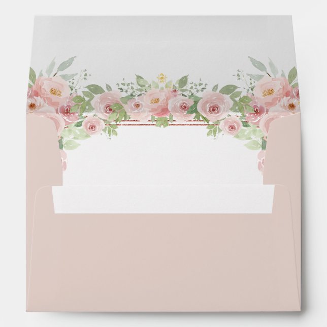 Blush Pink Watercolor Floral Glitter Quinceanera Envelope (Back (Bottom))
