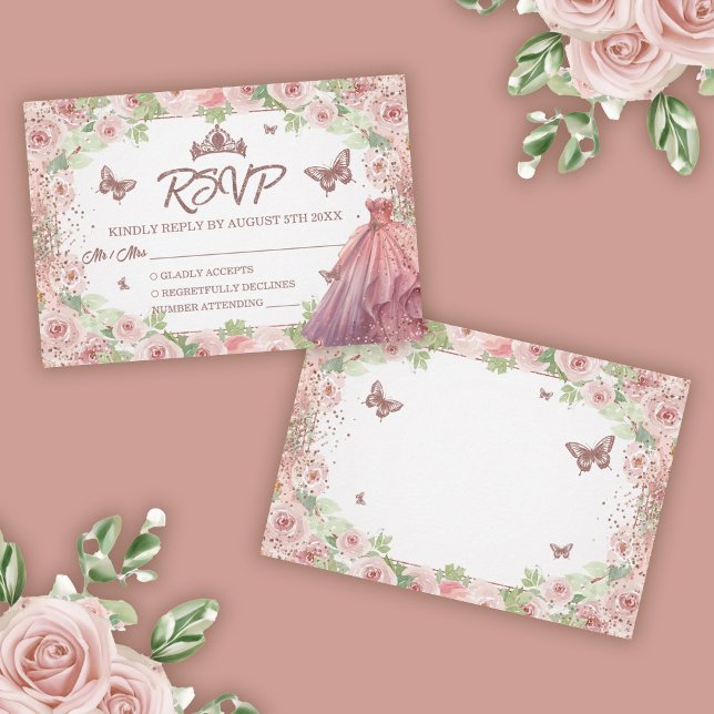 Blush Pink Watercolor Floral Glitter Quinceanera RSVP Card (Rose Gold Glitter Floral Quinceanera RSVP Card)