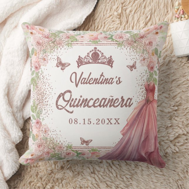 Blush Pink Watercolor Floral Glitter Quinceanera Throw Pillow (Blanket)