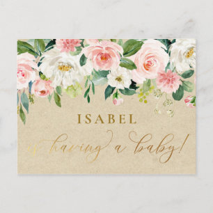 Blush Pink Watercolor Floral & Kraft Baby Shower Postcard