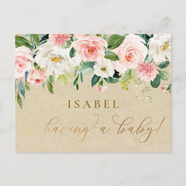 Blush Pink Watercolor Floral & Kraft Baby Shower Postcard (Front)