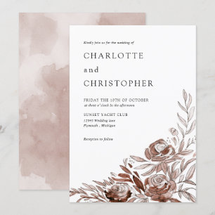 Blush pink watercolor floral lineart wedding invitation