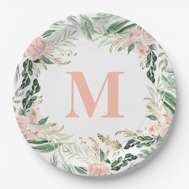 Blush pink watercolor floral monogram initial paper plate (Front)