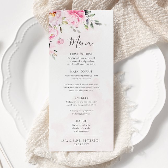 Blush Pink Watercolor Floral Peony Wedding Menu (Creator Uploaded)
