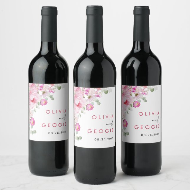 Blush Pink Watercolor Floral Peony Wedding Wine Label (Bottles)