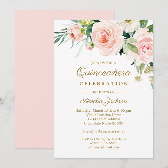 Blush Pink Watercolor Floral Quinceanera Invitation (Front/Back)