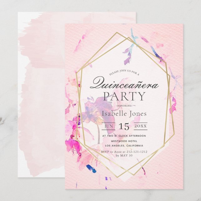 Blush Pink Watercolor Floral Quinceañera Invitation (Front/Back)