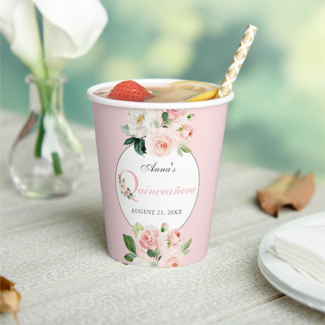 Blush Pink Watercolor Floral Quinceanera Paper Cups (Insitu)