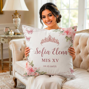 Blush Pink Watercolor Floral Quinceañera Tiara Throw Pillow