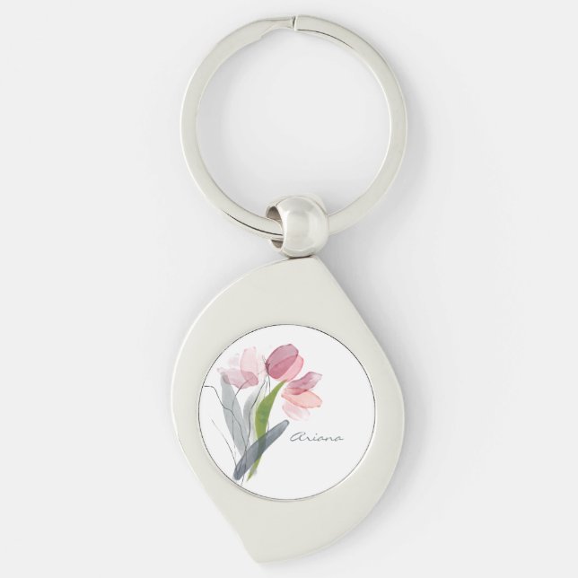 Blush Pink Watercolor Floral Tulips White Name Keychain (Front)