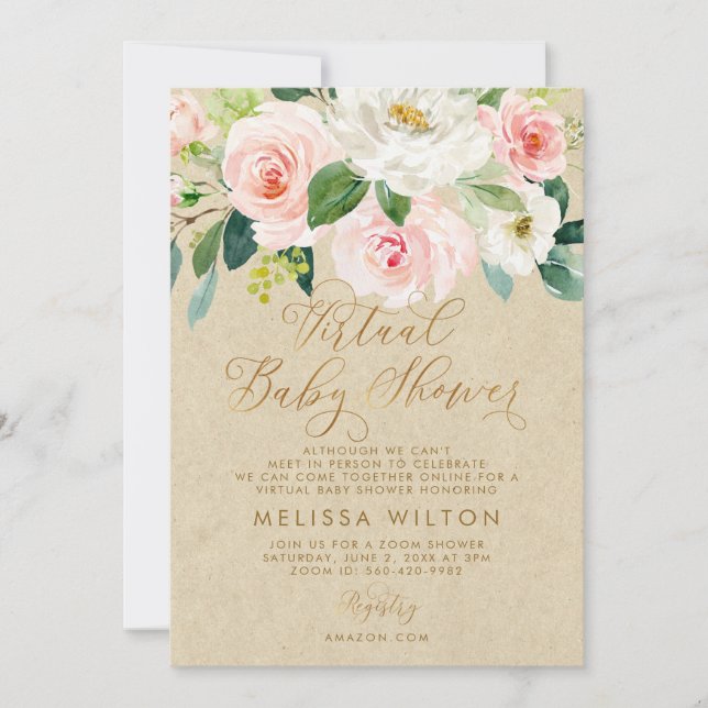 Blush Pink Watercolor Floral Virtual Baby Shower Invitation (Front)