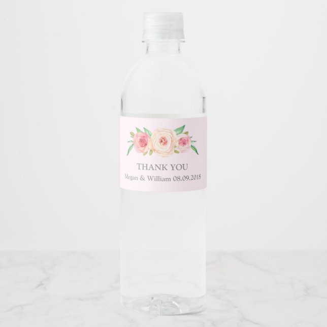 Blush Pink Watercolor Floral Water Bottle Label (Front)