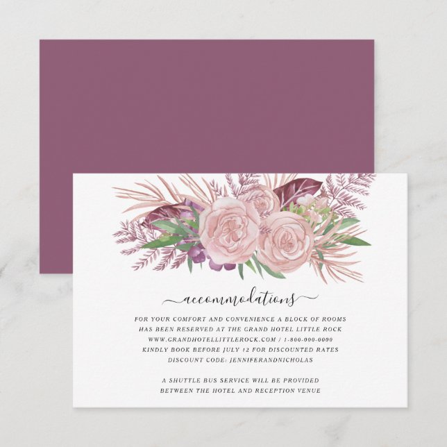 Blush Pink Watercolor Floral Wedding Accommodation Enclosure Card (Front/Back)