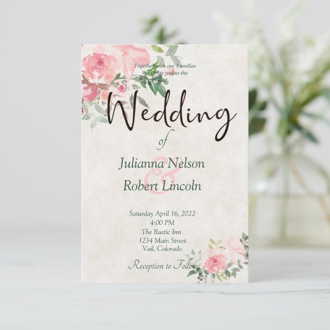 Blush pink watercolor floral wedding invitation (Standing Front)
