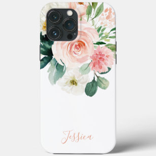 Blush Pink Watercolor Floral with Your Name iPhone 13 Pro Max Case