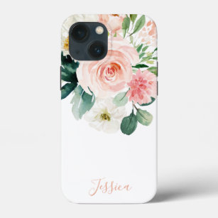 Blush Pink Watercolor Floral with Your Name iPhone 13 Mini Case