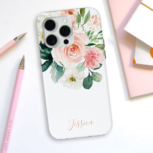 Blush Pink Watercolor Floral with Your Name iPhone 15 Case