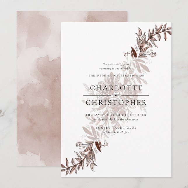Blush pink watercolor flower arrangement wedding invitation (Front/Back)