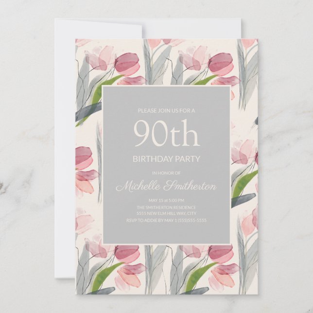 Blush Pink Watercolor Flower Tulips 90th Birthday Invitation (Front)
