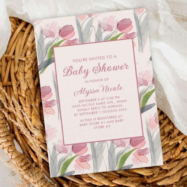 Blush Pink Watercolor Flower Tulips Baby Shower Invitation (Creator Uploaded)