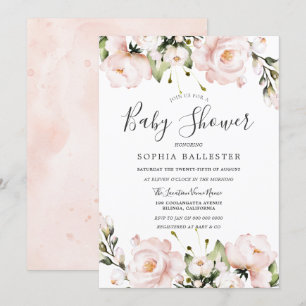 Blush Pink Watercolor Flowers Baby Shower Invitation