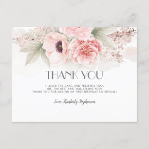 Blush Pink Watercolor Flowers Birthday Thank You Postcard