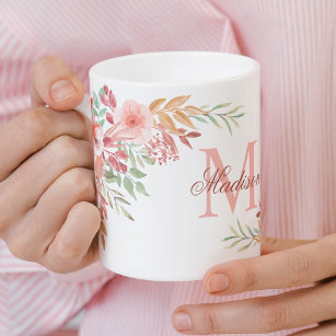 Blush Pink Watercolor Flowers Custom Monogram Name Coffee Mug
