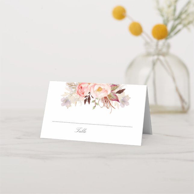Blush Pink Watercolor Flowers Elegant Romantic Place Card (Front)