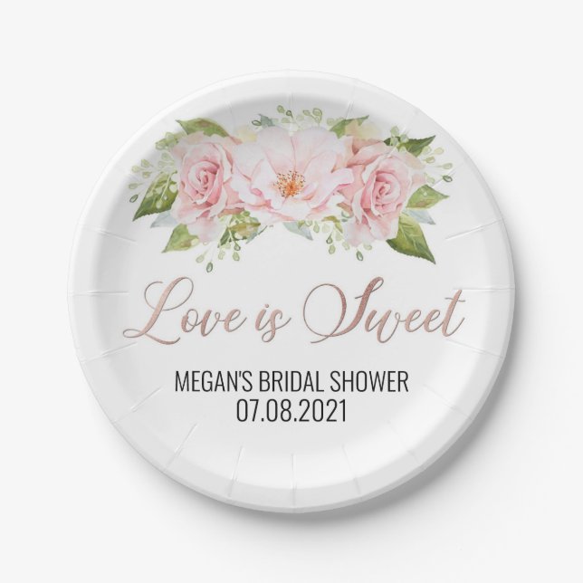 Blush Pink Watercolor Flowers Love is Sweet Paper Plate (Front)