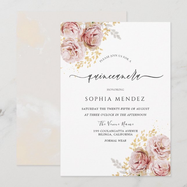 Blush Pink Watercolor Flowers Lovely Quinceanera Invitation (Front/Back)