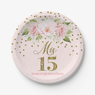 Blush Pink Watercolor Flowers Mis 15 Quinceanera Paper Plate