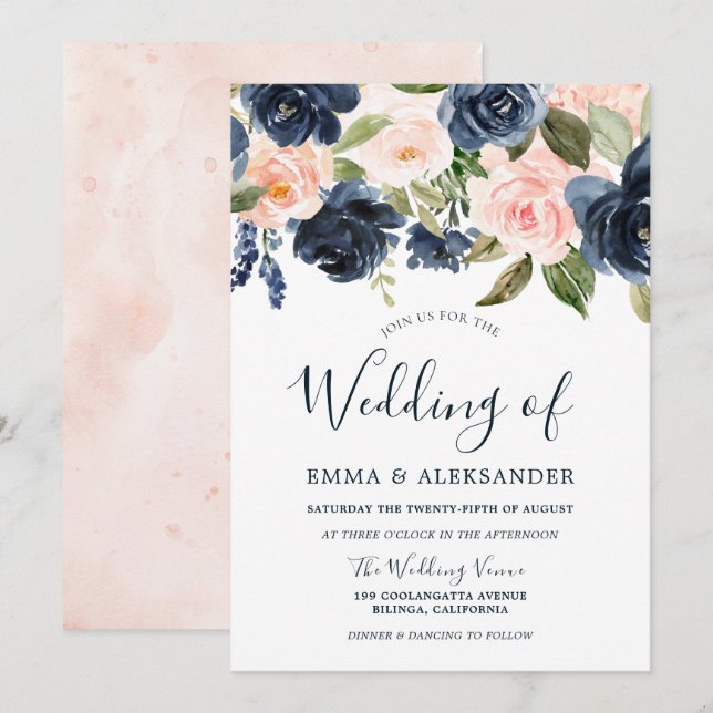 Blush Pink Watercolor Flowers Navy Wedding Invitation (Front/Back)