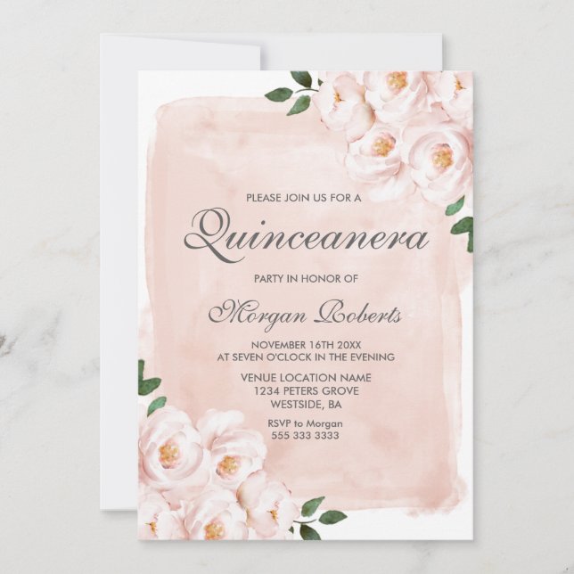 Blush Pink Watercolor Flowers Quinceanera Party Invitation (Front)