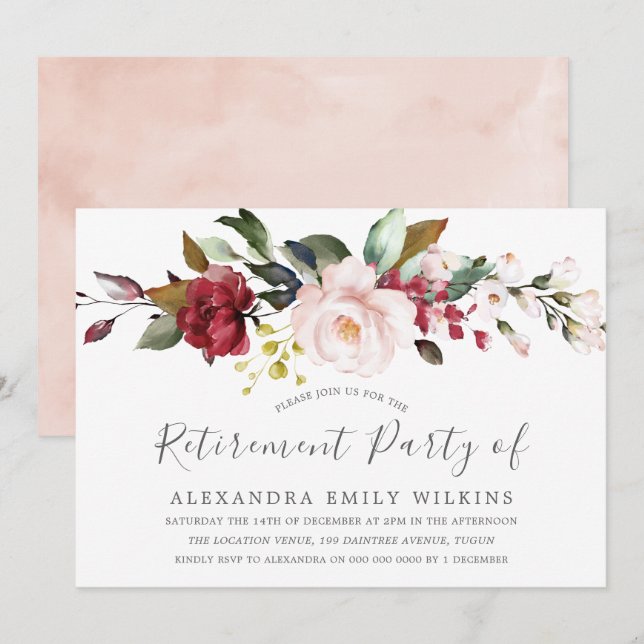 Blush Pink Watercolor Flowers Retirement Party Invitation (Front/Back)