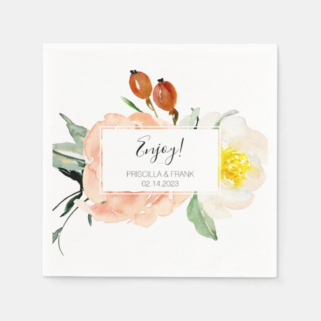 Blush Pink Watercolor Flowers Wedding Napkin (Front)