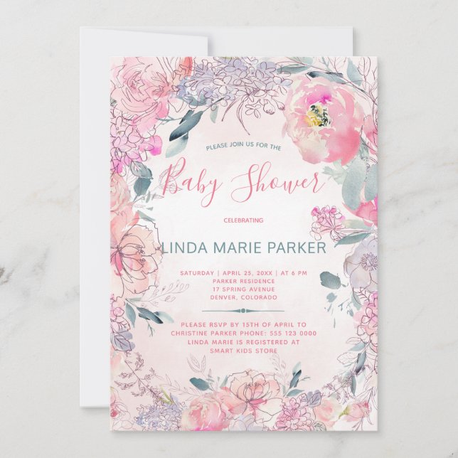 Blush pink watercolor garden roses baby shower invitation (Front)