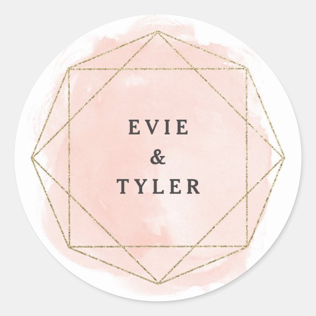 Blush Pink Watercolor Gem Couples Wedding Classic Round Sticker (Front)