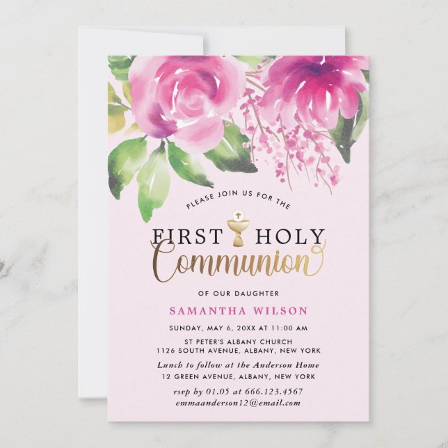 Blush Pink Watercolor Girl First Holy Communion Invitation (Front)