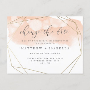 Blush Pink Watercolor Gold Border Change The Date Invitation Postcard