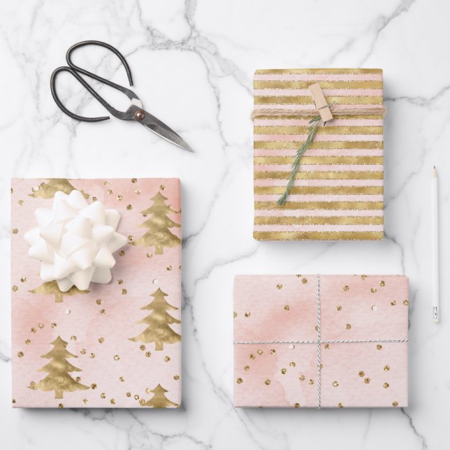 Blush Pink Watercolor Gold Christmas Tree   Wrapping Paper Sheet (Front)