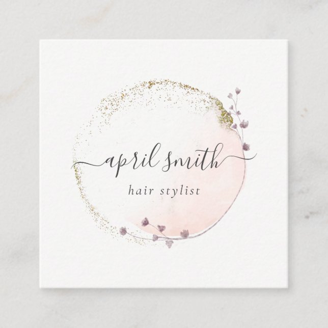 Blush Pink Watercolor Gold Circle Floral QR Code Square Business Card (Front)