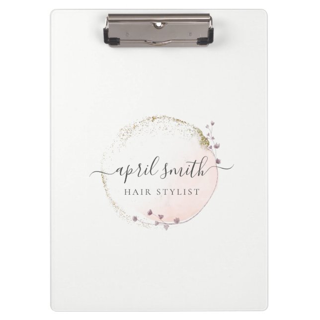 Blush Pink Watercolor Gold Circle Floral Wreath Clipboard (Front)