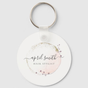 Blush Pink Watercolor Gold Circle Floral Wreath Keychain