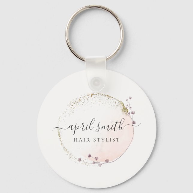 Blush Pink Watercolor Gold Circle Floral Wreath Keychain (Front)